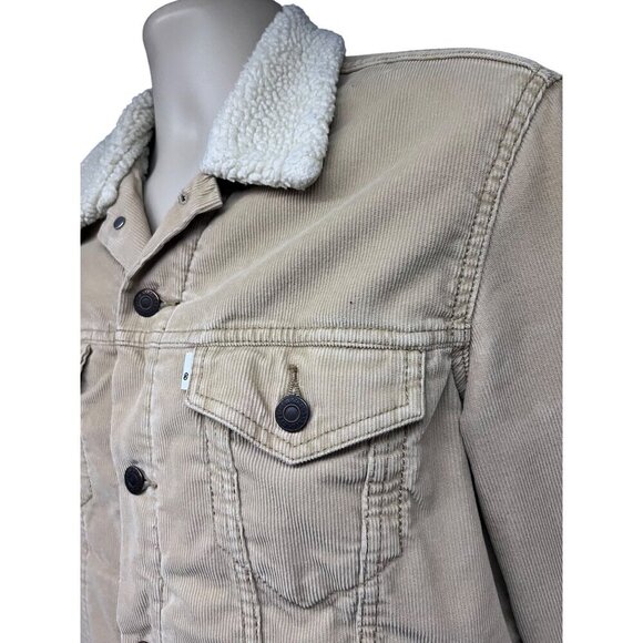 Levis Mens Tan Corduroy Button Up Trucker Jacket Small Sherpa Lined Flap Pockets - Picture 5 of 8